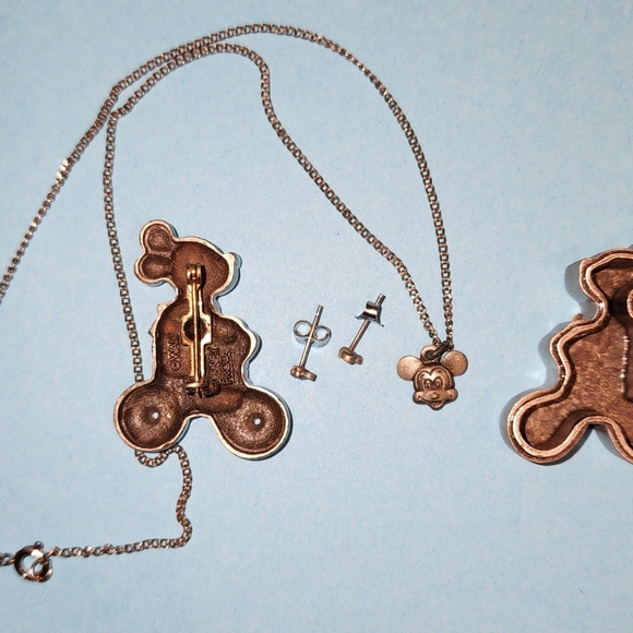 Mickey Mouse On A Bicycle Pewter Pin, Earrings, And Necklace Set, 1970's Disney - Picture 5 of 5